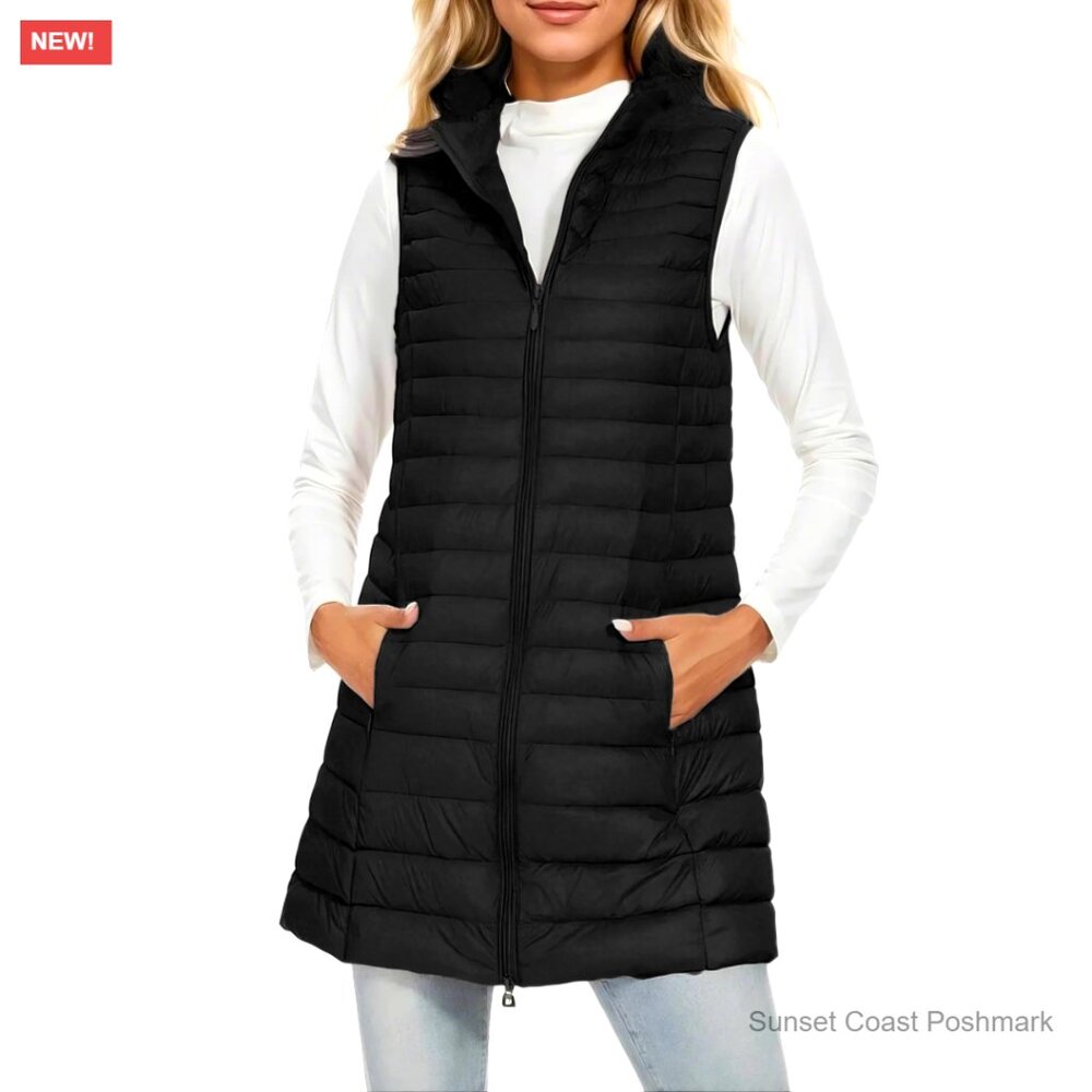 Quilted Down Puffer Jacket Vest Black Sleeveless Lightweight Warm Longline New